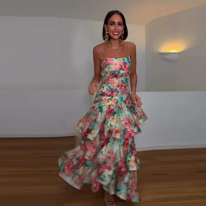 Casual Printed Ruffle Sling Dress Women Sleeveless Backless Slip Long A-line Female Dresses 2026 Summer Holidays Lady Robe