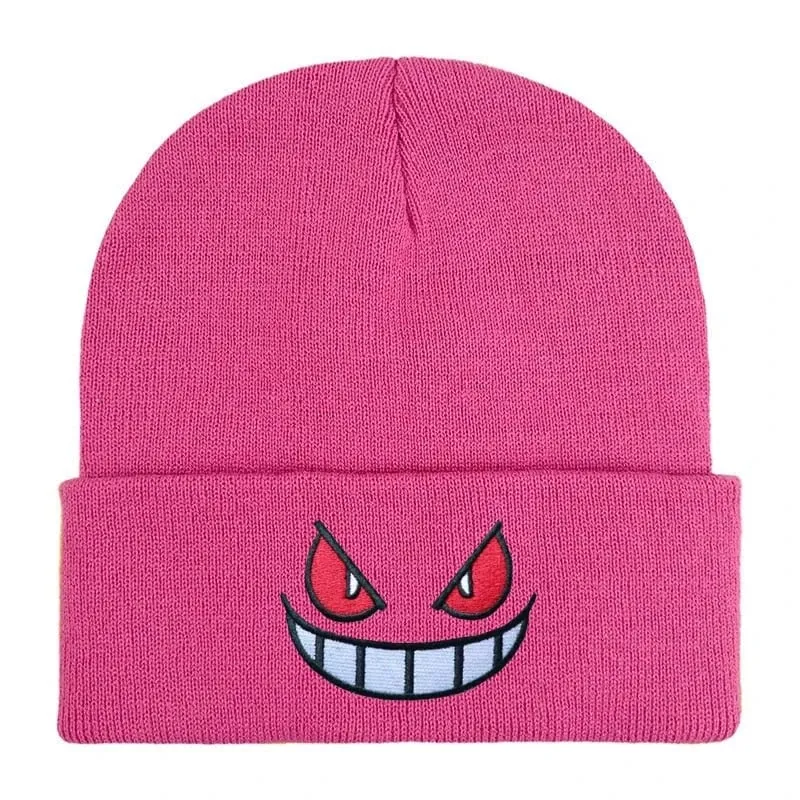 Pokemon Gengar Kartun Bordir Beanies Rajutan Skullies Musim Gugur Musim Dingin Topi Wol Hangat Gengar Wanita Pria Beanies