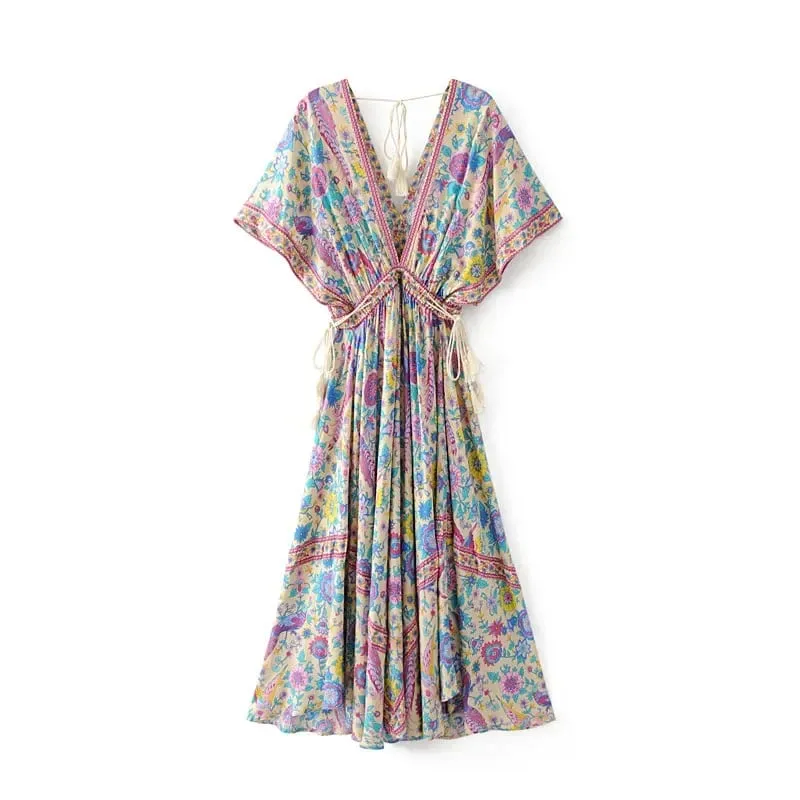 Boho Queens Wanita Merak Bunga Cetak Lengan Kelawar Pantai Bohemian Maxi Gaun Wanita V Leher Rumbai Gaun Musim Panas Vestidos