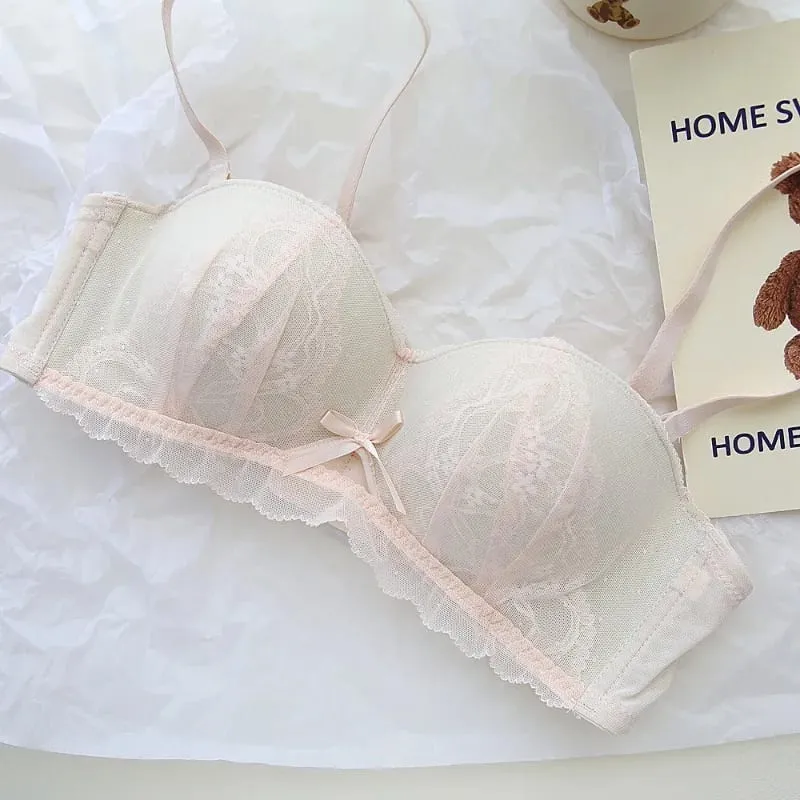 Conjunto de Bralette de encaje de copa Demi francesa Sexy, sujetador de realce inalámbrico para mujer, sin aros, cómodo, sin relleno, Sexy, dulce sujetador para adolescentes AB