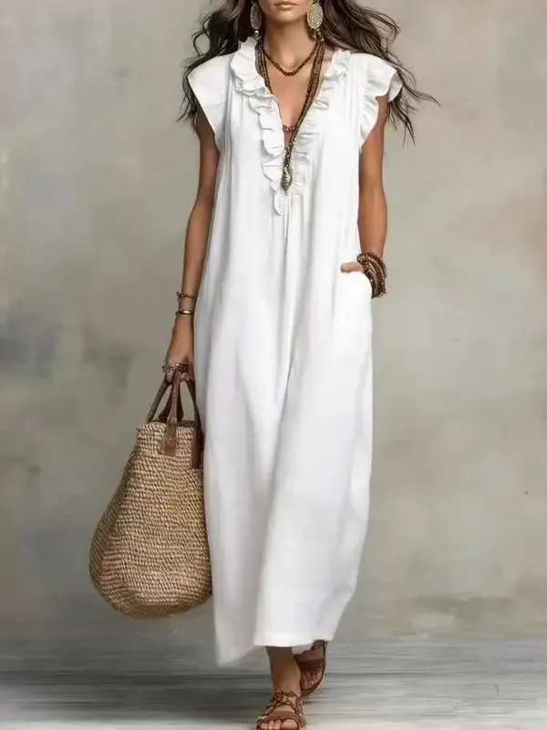 2026 Summer Women Boho Cotton Linen Maxi Dress Solid Color Ruffle V Neck Sleeveless Loose Long Dresses With Pockets Casual Beach