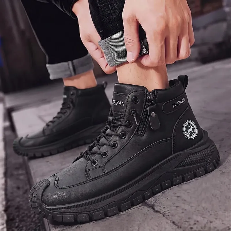 Men High Top Casual Sneakers Side Zipper Lace‑Up Thick Non‑Slip Sole Durable Footwear For Daily Walking Commuting Street Wear
