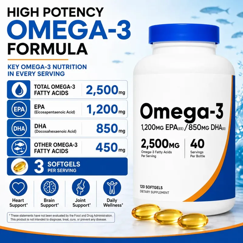Omega-3 Fish Oil 2500mg Softgels with EPA 1200mg & DHA 850mg High Potency Daily Wellness Support Non-GMO 120 Count