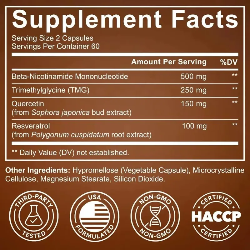 NMN Capsules 1000mg Nicotinamide Mononucleotide NAD+ Cellular Energy TMG Quercetin Resveratrol 120 Vegan Capsules Non-GMO — image 7