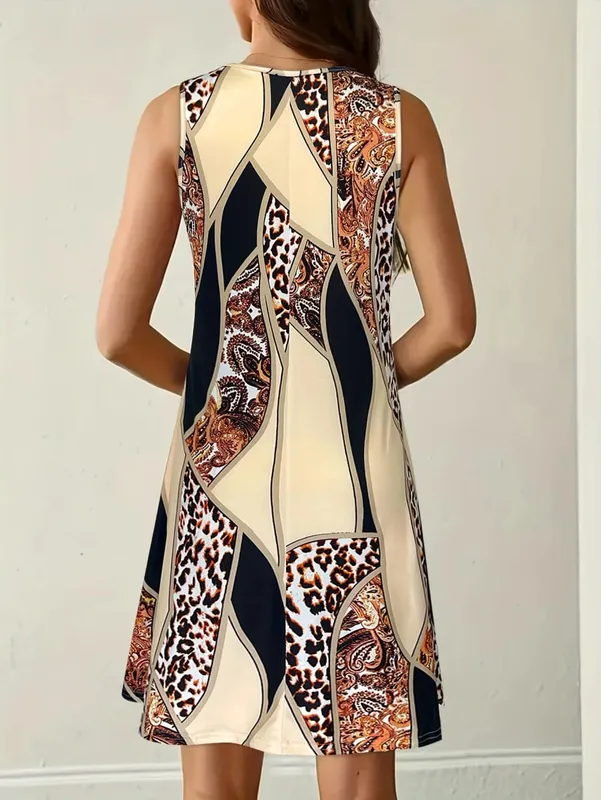 Women's Leopard Paisley Patchwork Print Sleeveless Dress Summer Casual Round Neck Loose A Line Swing Sundress