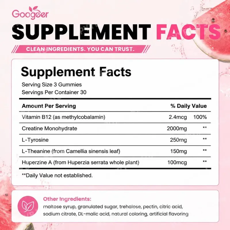 Googeer Creatine Gummies with L-Tyrosine L-Theanine & Huperzine A for Muscle Growth Strength Energy & Endurance Support 90 CT