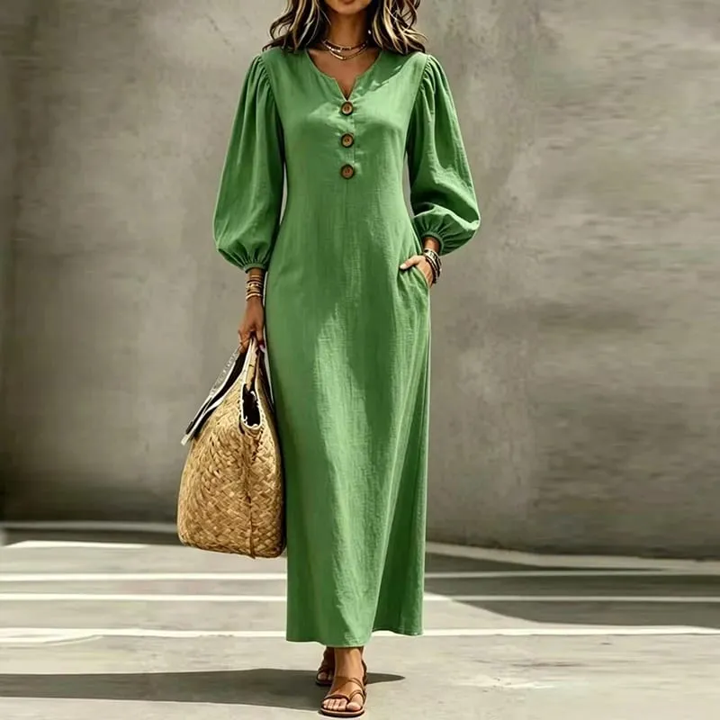 Vintage Casual Long Dress Women V Neck Wrist Puff Sleeve Loose Beach Holiday Dresses Women Casual Button Up Maxi Dresses Robe