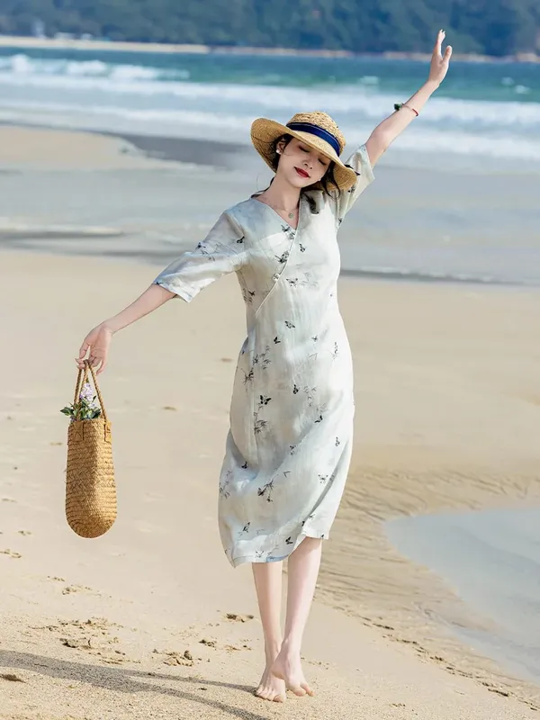 100% Ramie Women Casual Long Dress New Arrival 2026 Summer Chinese Style V-neck Print Loose Ladies Elegant Holiday Dresses M2800
