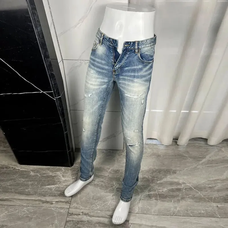 Light Blue Men's Slim Fit Jeans Elastic Waist Distressed Hip Hop Brand Fashionable Nostalgic Washed Color Patch Jeans