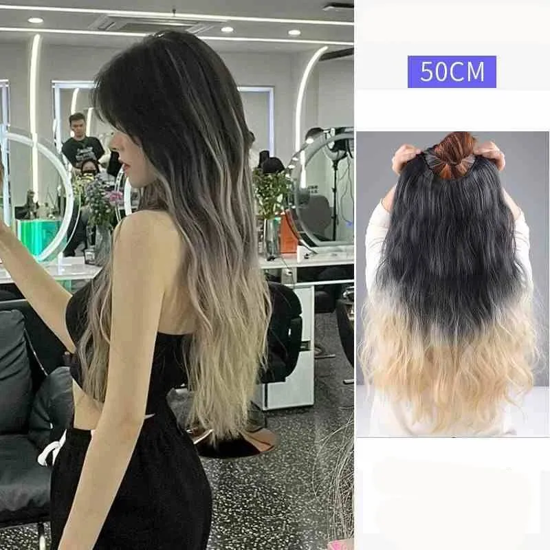 One piece hanging ear dyed synthetic wig piece for women highlighted color hair extensions