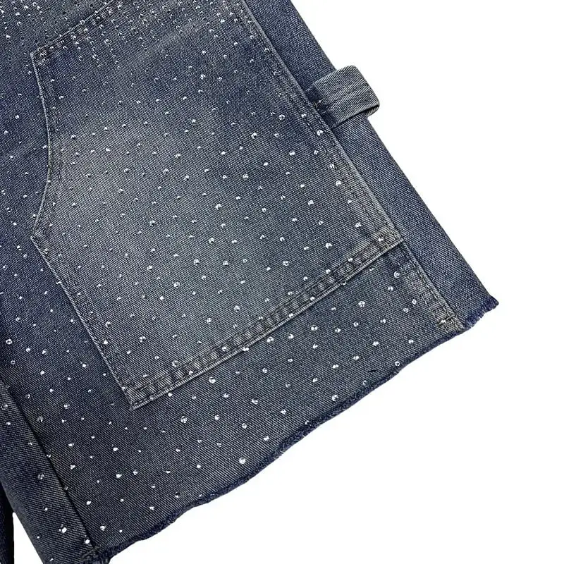 Pants Denim Men Jeans Knee Length Hot Drilling Vintage Washed High Waist Straight Trousers Y2k Streetwear Splice Casual 2026
