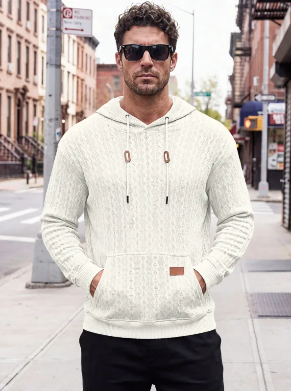 Men Thin Cable Knit Hooded Sweatshirt Drawstring Hood Kangaroo Pocket Long Sleeve Loose Casual Pullover Autumn Daily Street Tops