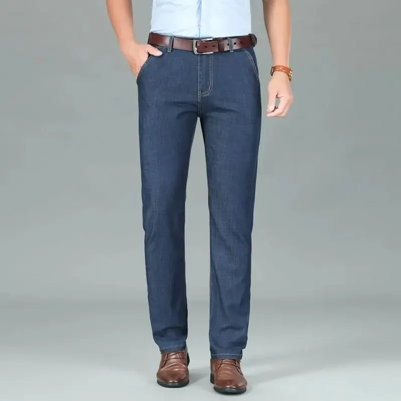2026 New Seasons Lightweight Fit Straight Men's Jeans Classic Business Clothes Thin Cotton Elastic High Waist Casual