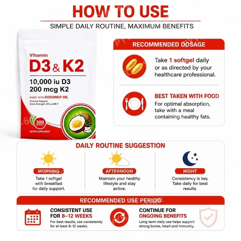 Vitamin D3 K2 Supplement 10 000 IU D3 200mcg K2 MK7 with Coconut Oil High Absorption Softgels for Bone & Immune Support 300Count