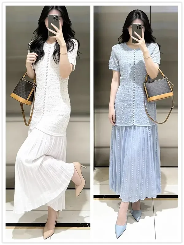 Pearl Decoration Ladies Single-Breasted Knit Midi Dress O-Neck Women's Short Sleeve Slim Fit Splices Long Robes