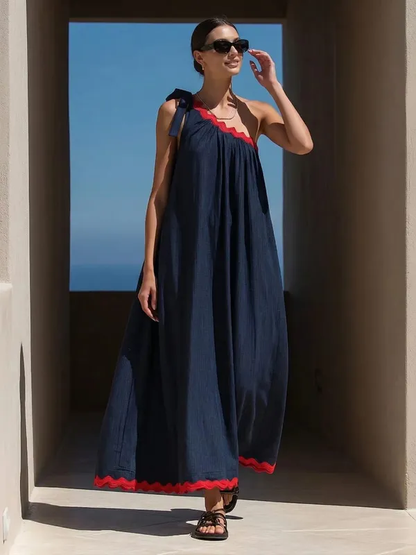 Freeacy-Vestido largo de un hombro con ribete festoneado en contraste rojo marino para mujer, vestidos plisados ​​sueltos informales de verano para vacaciones