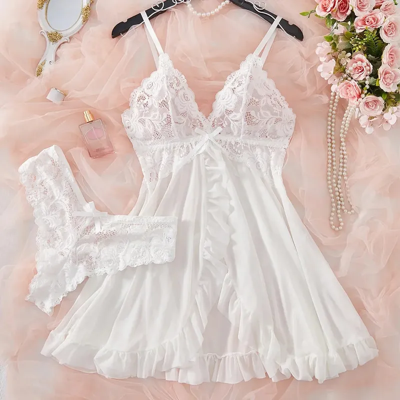 Women Sexy Lingerie Set Lace Bra Nightdress Solid Color Slim Fit Soft Sleepwear Erotic Underwear Dress