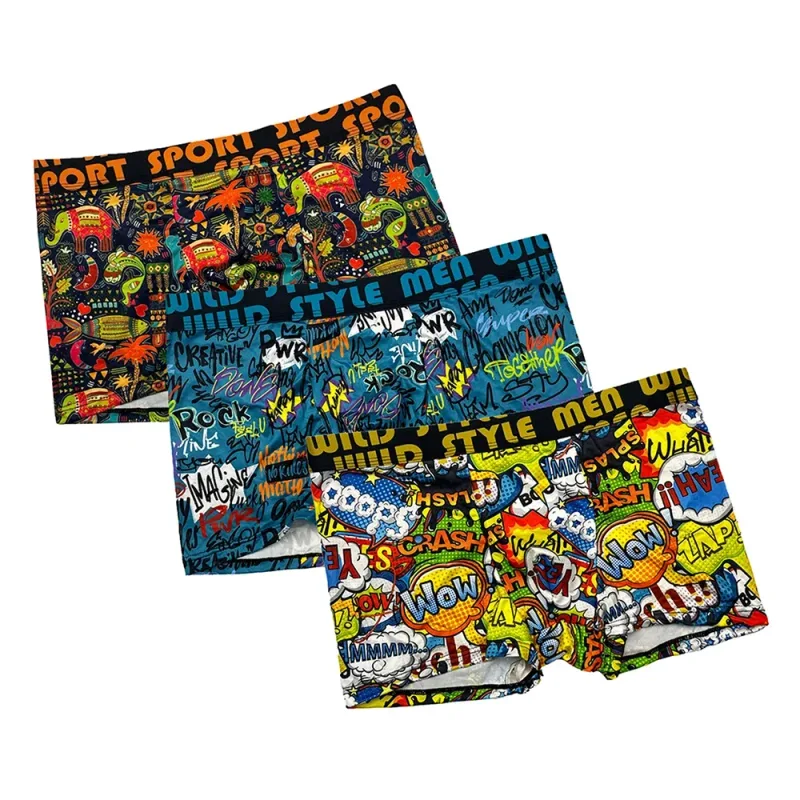 3Pcs Men's Random Graffiti Cartoon Printed Boxer Shorts Casual Sports Breathable Underwear Men's Comfortable Underwear