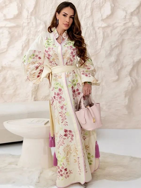 Robe longue rétro à imprimé Floral pour femmes, avec ceinture à pampilles, col montant, manches longues, Kaftan musulman, Robes de printemps, nouvelle collection 2026