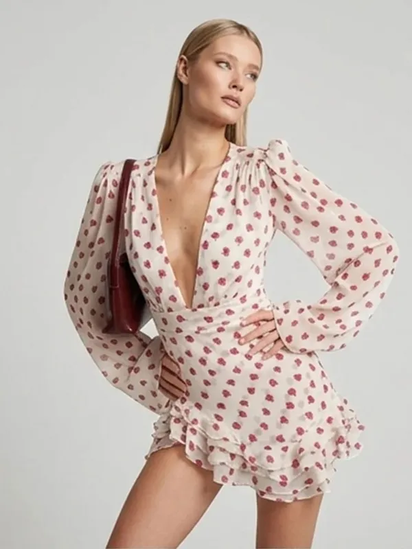 Sweet Rose Print Ruffle Mini Dress Deep V Neck Long Puff Sleeve Ruched Waist Dresses Spring Sweet Café Meetup Vestido 2026