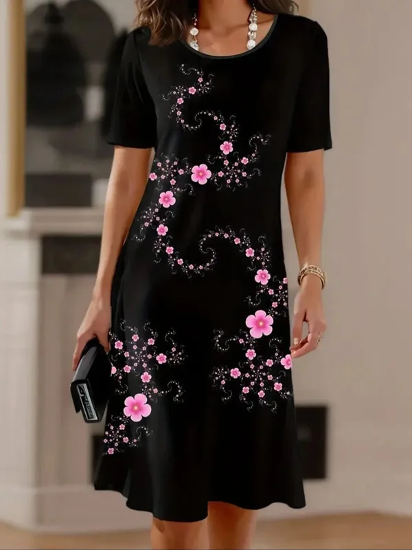 Women's Elegant Casual Floral Print Dress Black with Pink Flowers Dresses Woman Summer Women's Short -Sleeved Y2k Ladies Clothes — image 5