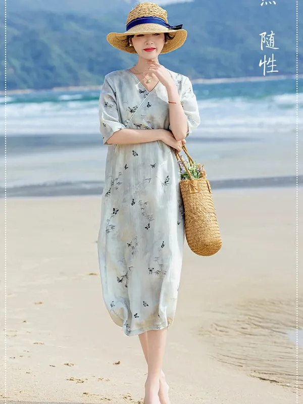 100% Ramie Women Casual Long Dress New Arrival 2026 Summer Chinese Style V-neck Print Loose Ladies Elegant Holiday Dresses M2800