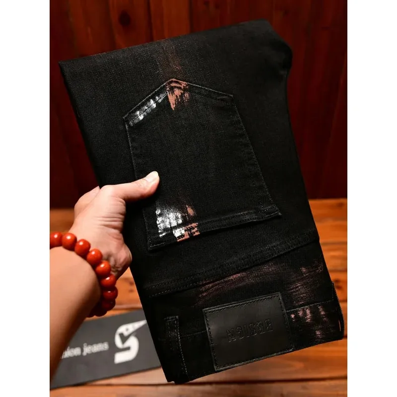 2025 Autumn Black Jeans Men's Inkjet Graffiti Printed Street Men's Clothing Nostalgic Trend High end Retro Denim Pants