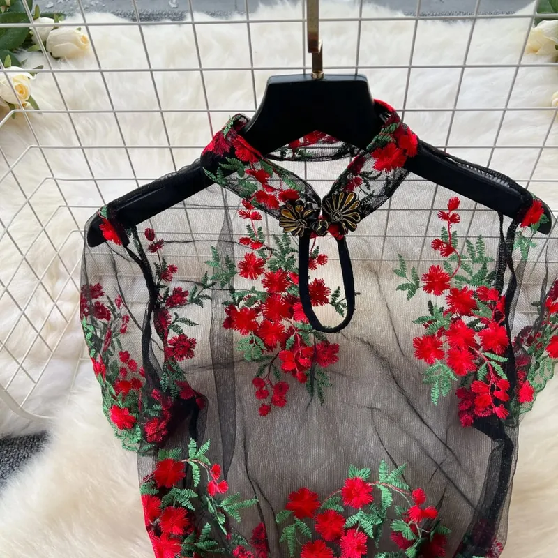 Woman Embroidery Floral Mesh Fashion Sexy Dress Chinese Style Short Sleeve Split Hollow Out Cheongsam New Gauze Sheer Dress