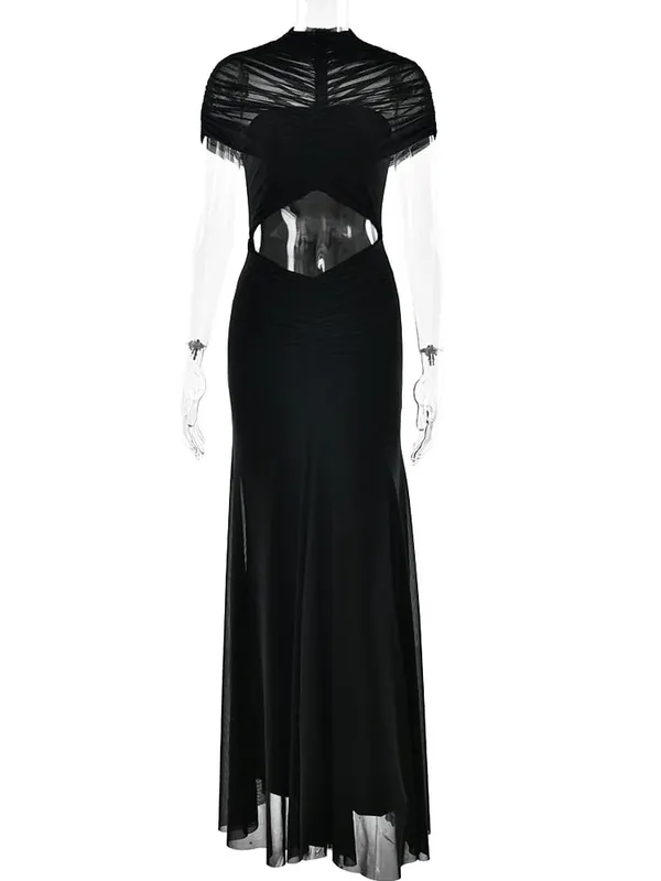 MO Sexy Hollow Out Turtleneck Women Maxi Dress Coffee Short Sleeve See Through Mesh Bodycon Elegant Party Evening Dress