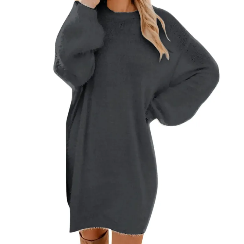 Damski sweter zimowy dzianinowy okrągły dekolt ciepły, długi rękaw O-Neck Casual bluzy sukienka jednolity kolor ponadgabarytowy podstawowy materiał damski