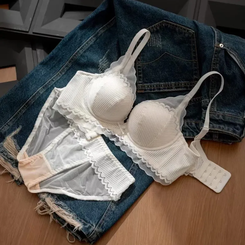 Biancheria intima per giovani donne in pizzo a 4 colori, senza filo, in cotone addensato, push up, per raccogliere comodi intimi, reggiseno e mutandine per ragazze