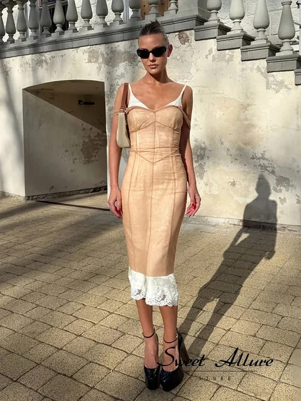 Women Sheer Mesh Overlay Midi Dress Waist Cinched Sleeveless Spaghetti Strap 2026 Summer Accessories Trendy Classy Lady Outfits — image 1