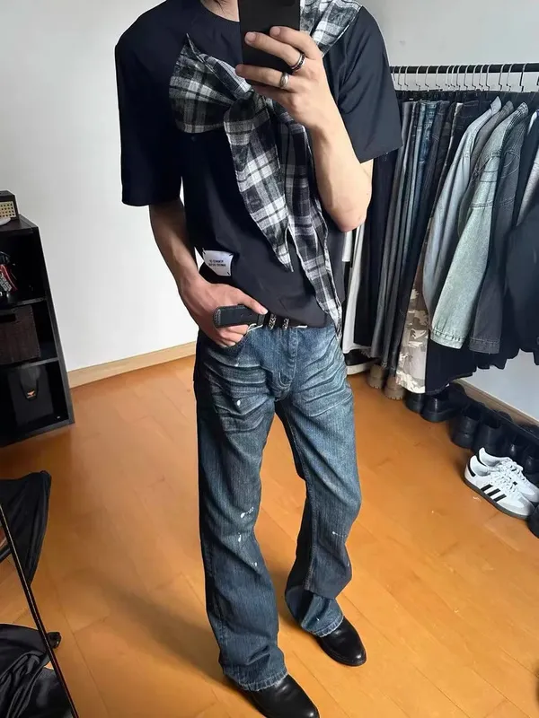 Cleanfit Style Heavyweight Bootcut Men's Jeans Faded Dyeing Slim Fit Distressed Long Trousers Casual Fashion