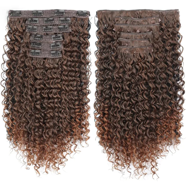 Synthetic Kinky Curly Clip On Hair Extensions Black Blonde Fluffy Kinky Curly Full Head Fake Pieces Hair Extensions For Women