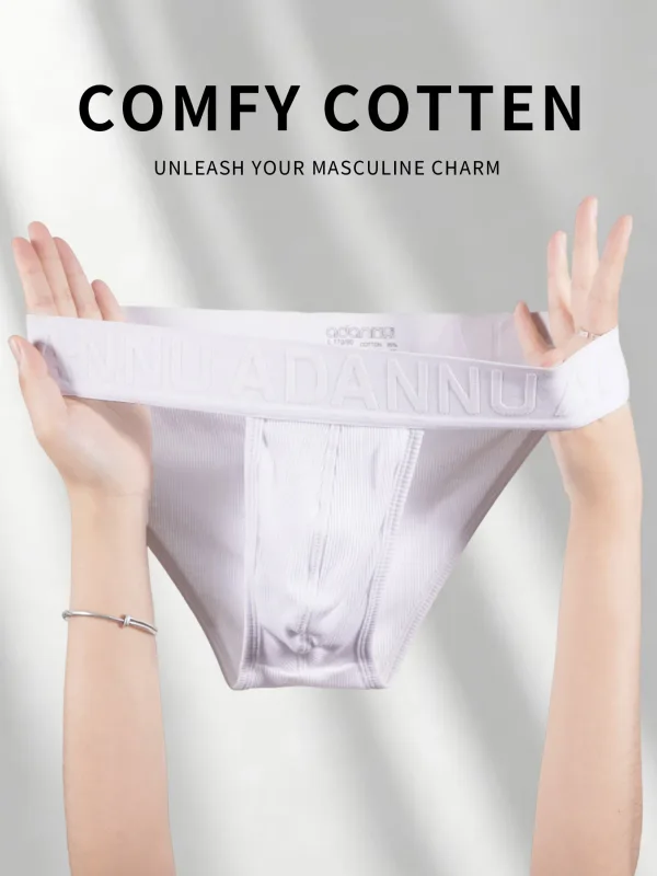 Men's Cotton Ribbed Skin-Friendly Bare Feel Convex Pouch Briefs, Embossed Letter Wide Waistband Slim Fit Underwear