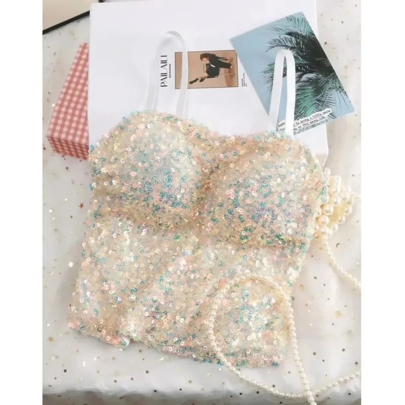 Shiny Sequin Sequin One-Piece Tank Top Fixed Wrap Chest High Elasticity Backless Vest Underwear Short Base Layer Vest Top Summer