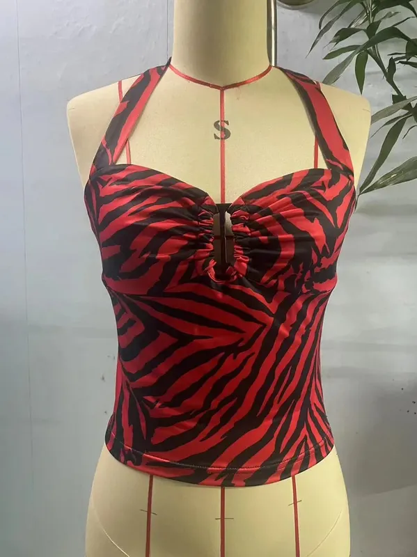 Red Black Stripe Halter Top for Women Sexy Hollow Out Backless Sleeveless Waist Cinched Camisole Summer Vintage Cosplay Costume