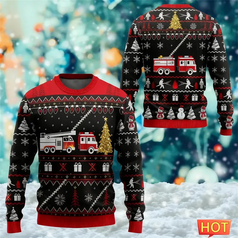 Fashion Fire Truck Graphic Ugly Christmas Sweater For Men Trendy Streetwear 3D Printed O Neck Sweatshirts Loose Streetwear Tops — image 7