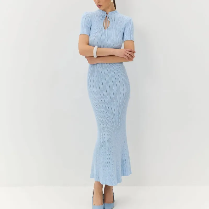 New Knitted Short Sleeve Long Length Waist Bodycon Fishtail Dress Female Hollow Out Lace Up Ribbed Patchwork Elegant Dresses