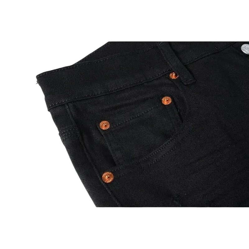 Men's Multiple Knee Ripped Slim Tapered Jeans Mid Rise Vintage Black Wash Heavily Frayed Button Fly High Street Style