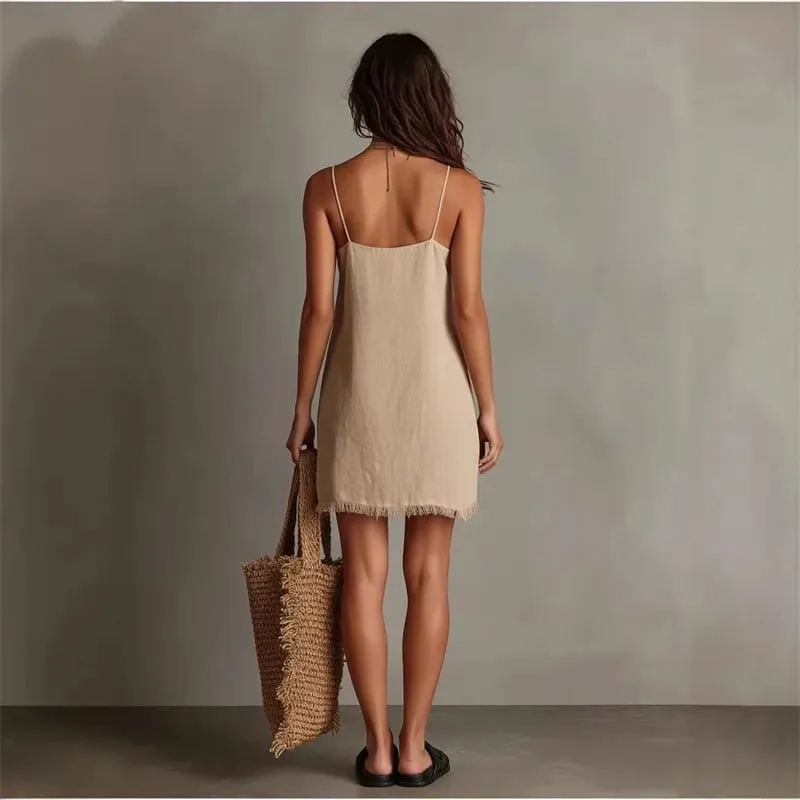 2026 New Summer Beach Cover-Up Mini Dress for Women Sleeveless Corded Straps V-Neck Slightly Ruffled Edges Original Cut Lo