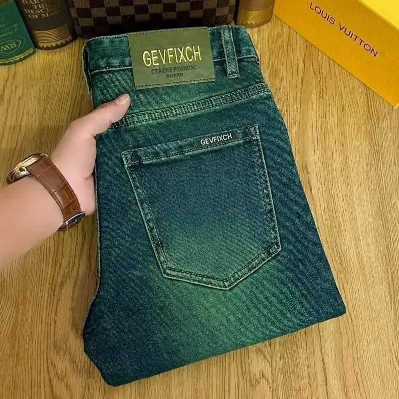 High Quality Emerald Green Slim Fit Men's Jeans Retro Fashion Washed out Casual Straight Leg Youthful Style Chinese Production