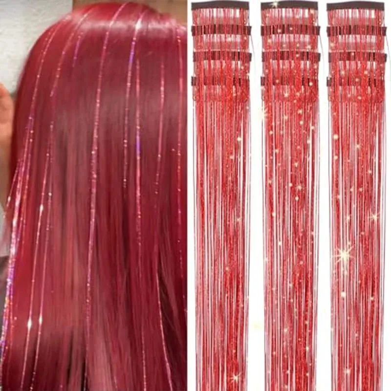 12Pcs Clip in Hair Tinsel Kit Red Hair Tinsel 22Inch Tinsel Hair Extensions Christmas Hair Tinsel Party Festival Accessories