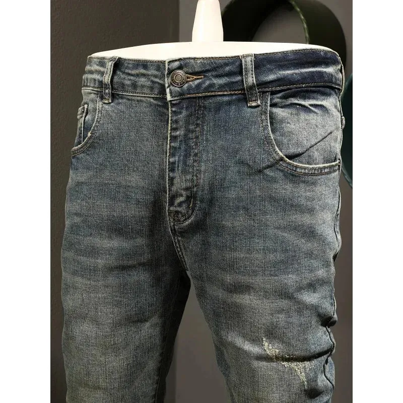 Classic minimalist retro blue jeans men's stretch slim fit 2025 autumn street fashion nostalgic small leg pants
