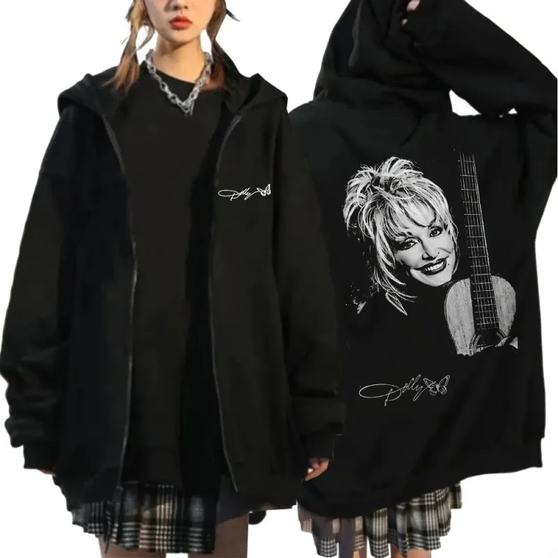 Dolly Parton Country Music Guitar Zipper Hoodies Men Women Fashion Long Sleeve Oversized Zip Up Hooded Sweatshirts Jackets Coats