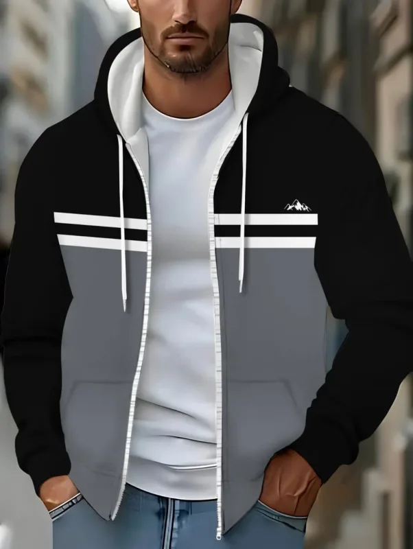 Hoodies for Man Striped Print Full Zip Sweatshirt Outdoor Wear Man Hoodie Fashion Casual Loose Sports Tops Pullover Man Clothing