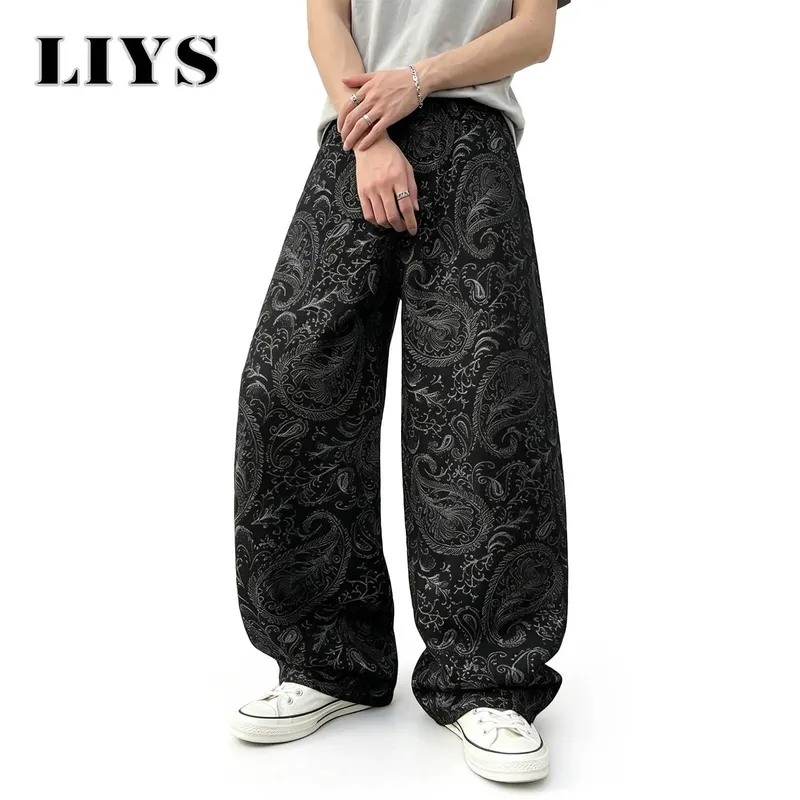 Men's American Trendy Brand Dark Cashew Flower Full Print Jeans Loose Oversize High Street Loose Straight Tube Casual