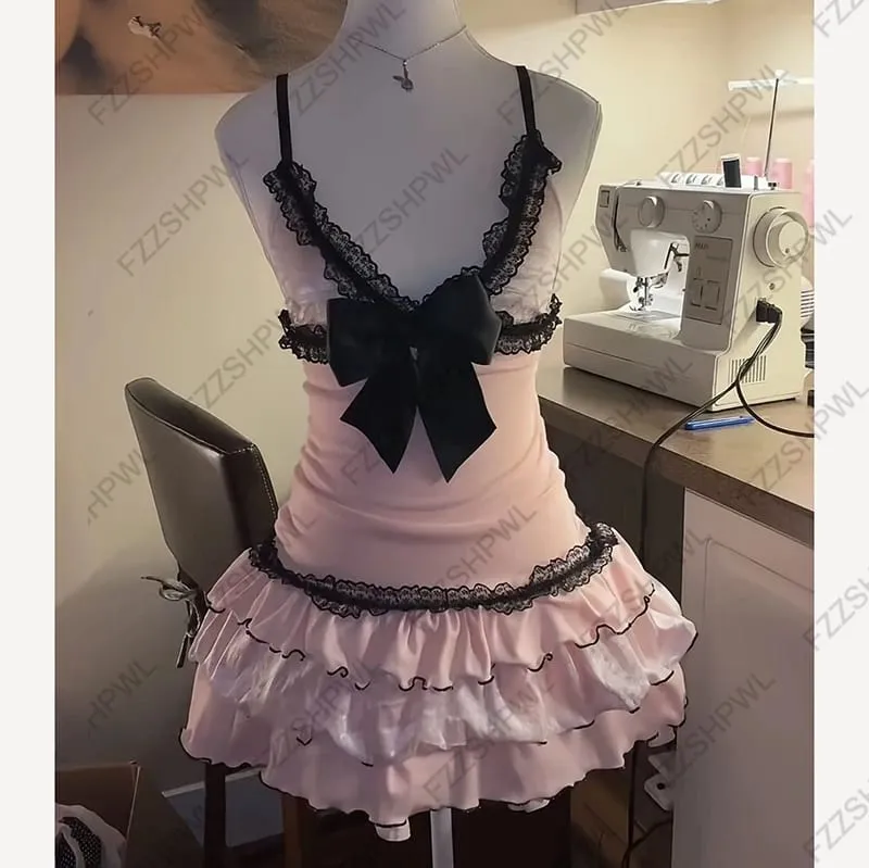 Y2K Dres Korean sweet style Subculture Lace Harajuku A-line skirt Rock Goth Streetwear Bowknot Frock Punk Spicy Girls Skirt Chic