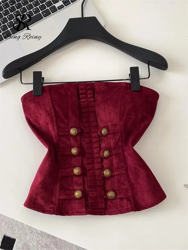 Fake Suede Senior Vintage Tank Top Autumn Female Metal Button Bodycon Top French Sensual Chic Commute Party Camisole