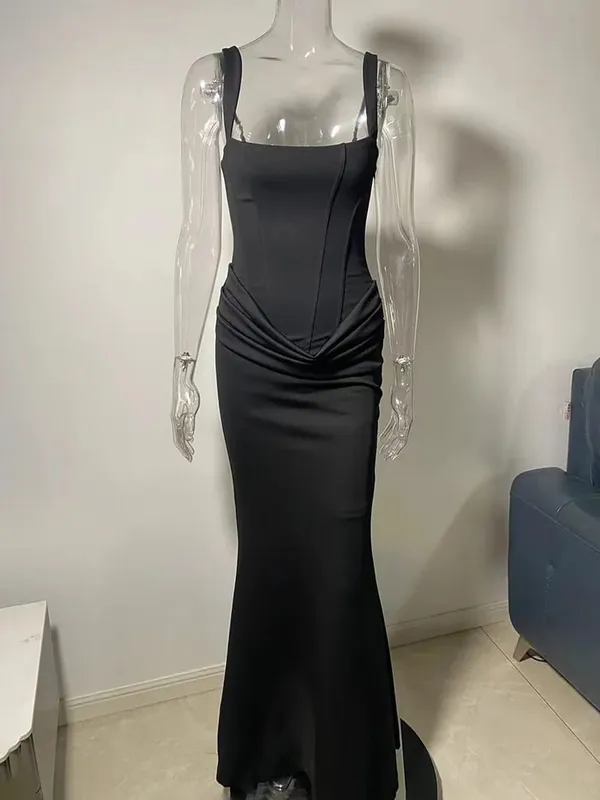 Typhaland Slim Pleated Maxi Dress For Women Sleeveless Sexy Plunge Evening Party Dress Summer 2026 Fashion Solid Female Clothes